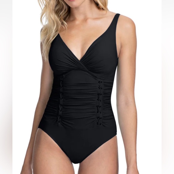 PROFILE BY GOTTEX MOTO LACE UP V-NECK SHIRRED UNDERWIRE ONE PIECE SWIMSUIT - Picture 11 of 11